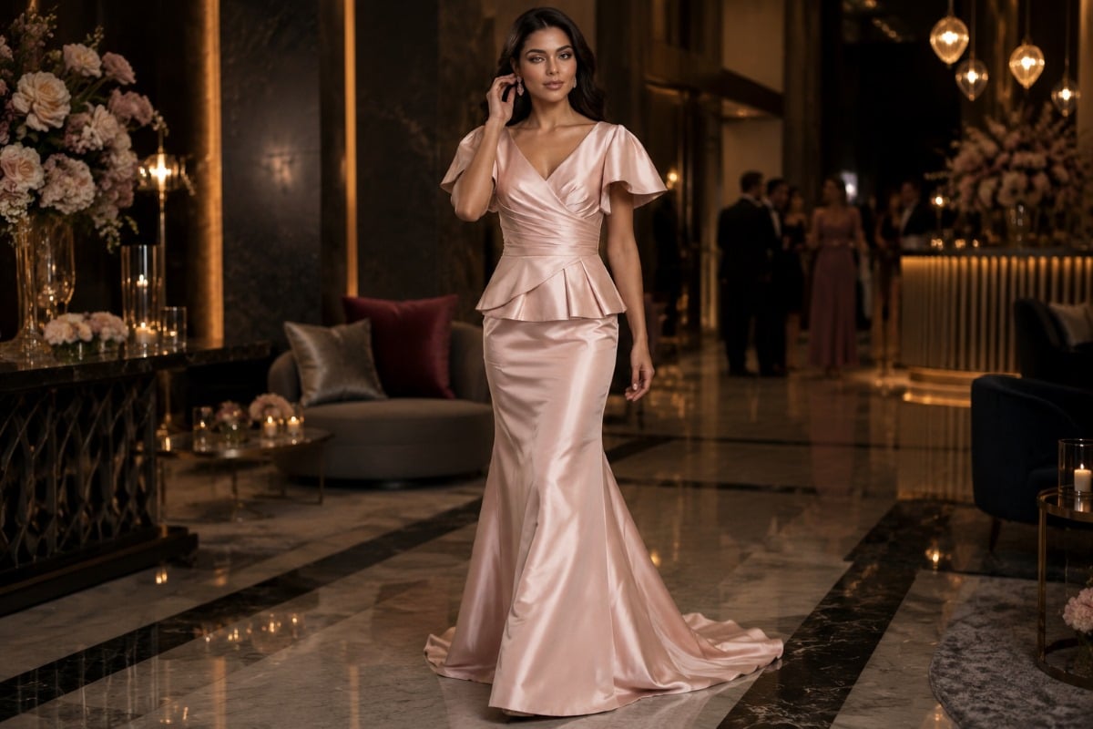 Pink drop waist evening gown editorial style