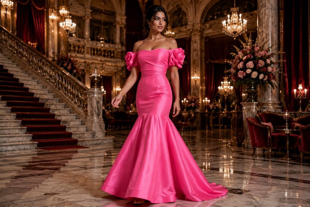 Pink drop waist formal gown editorial look