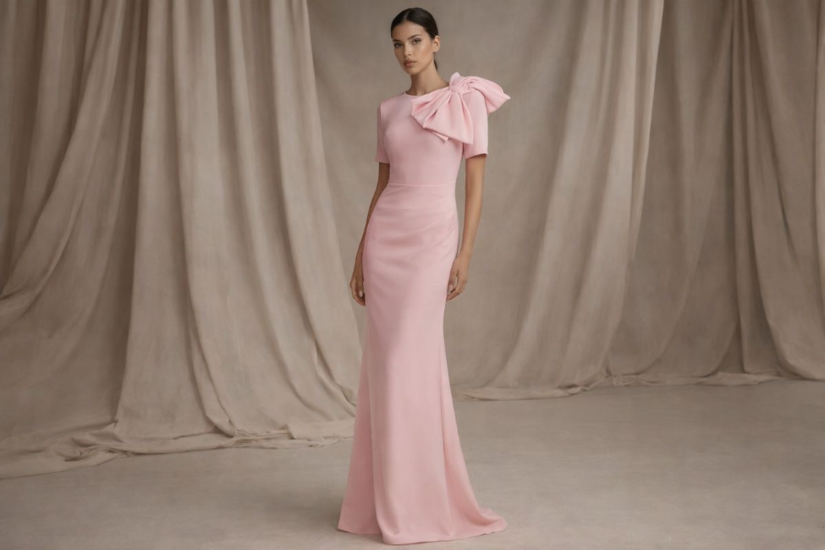 Floor length pink fitted evening gown with shoulder bow