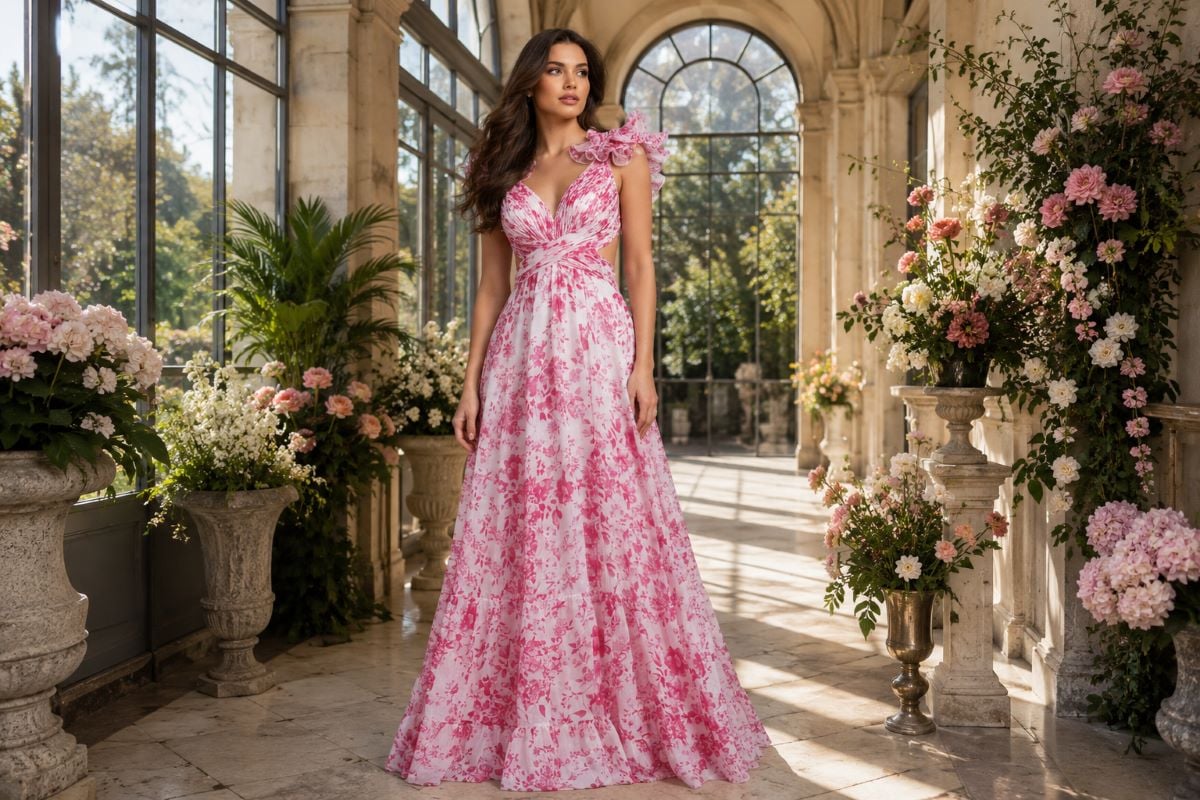 pink floral A-line gown with ruffle sleeves