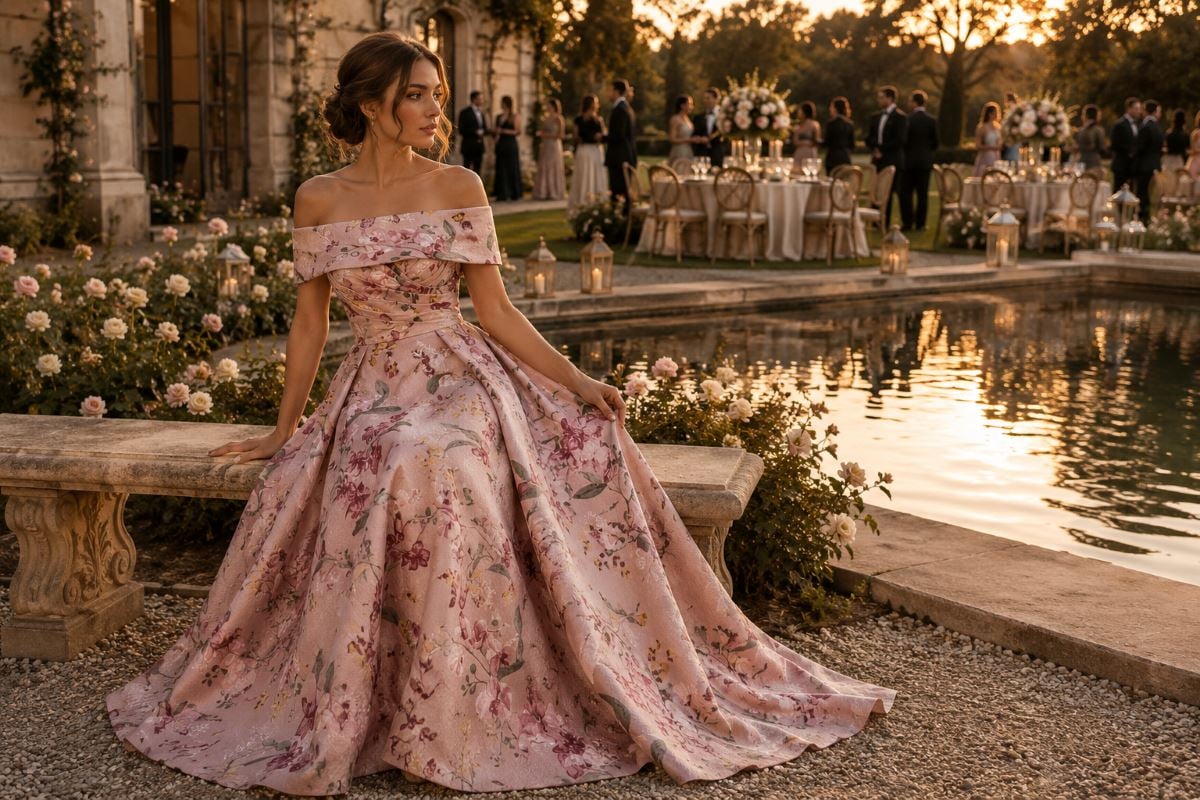 Pink floral formal wedding guest gown
