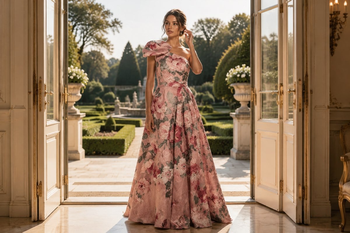 Floral gala gown in garden mansion doorway