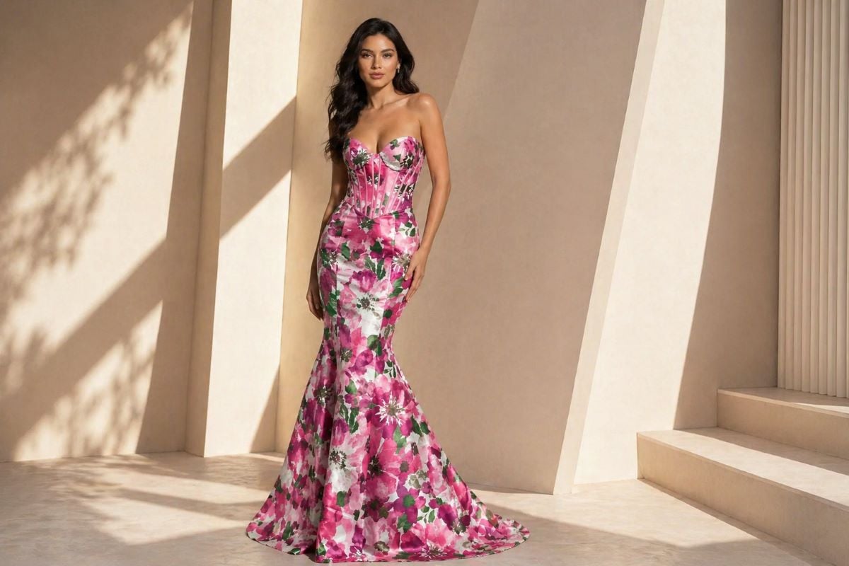 Pink floral corset mermaid prom dress with sweetheart neckline