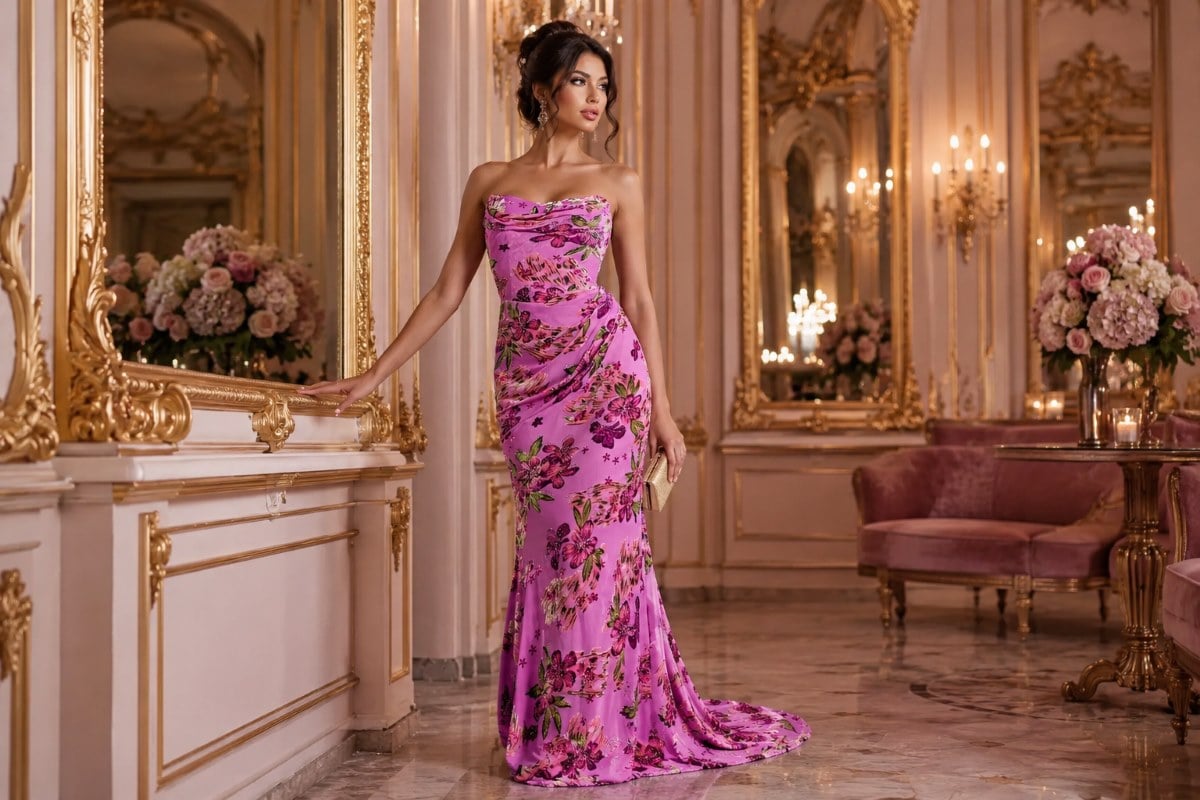 Pink floral embellished evening gown with satin clutch