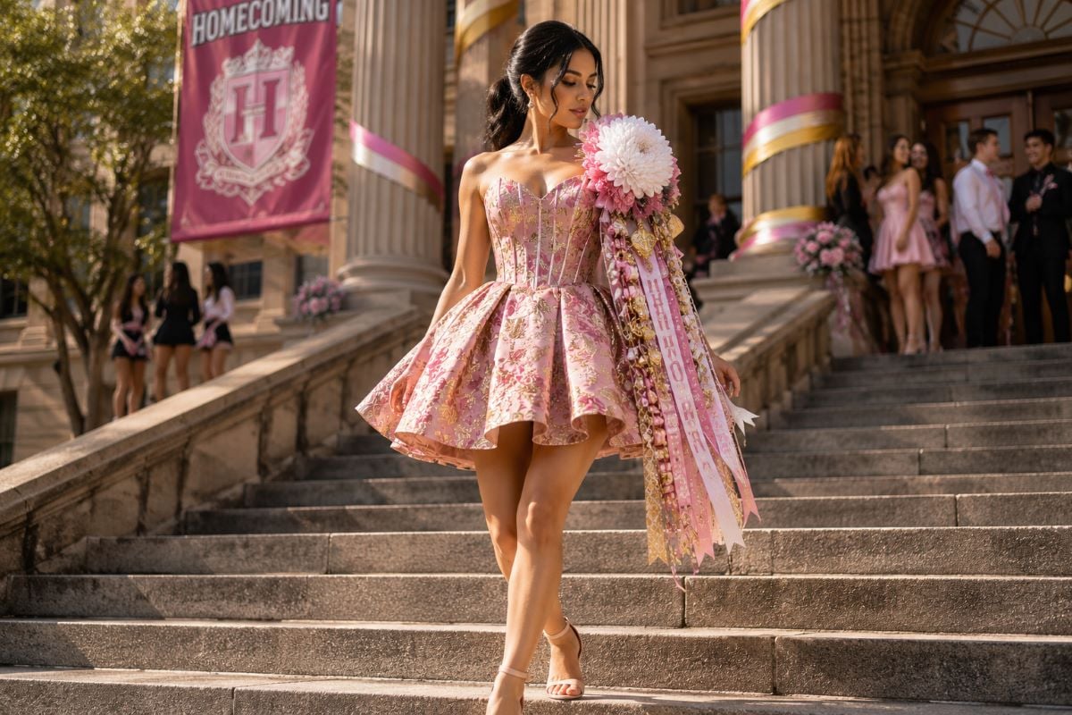 Pink floral jacquard homecoming dress with dramatic skirt
