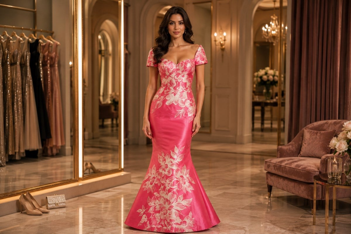 Pink floral mother of bride mermaid gown
