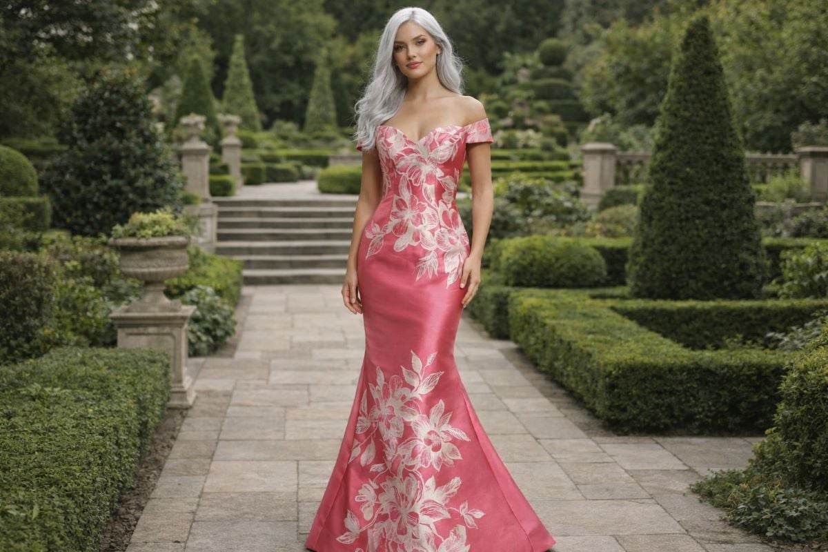 Pink off-shoulder floral evening gown with fitted silhouette