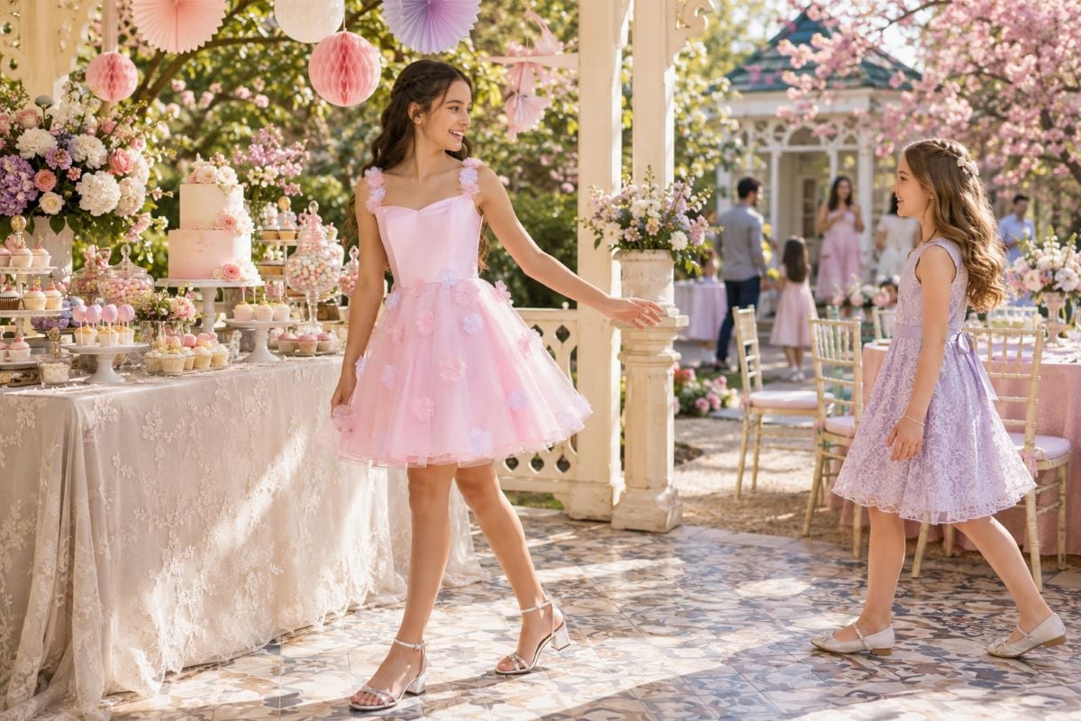 Pink floral party dress for eleven-year-old