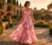 Pink floral chiffon prom gown with flowing romantic movement