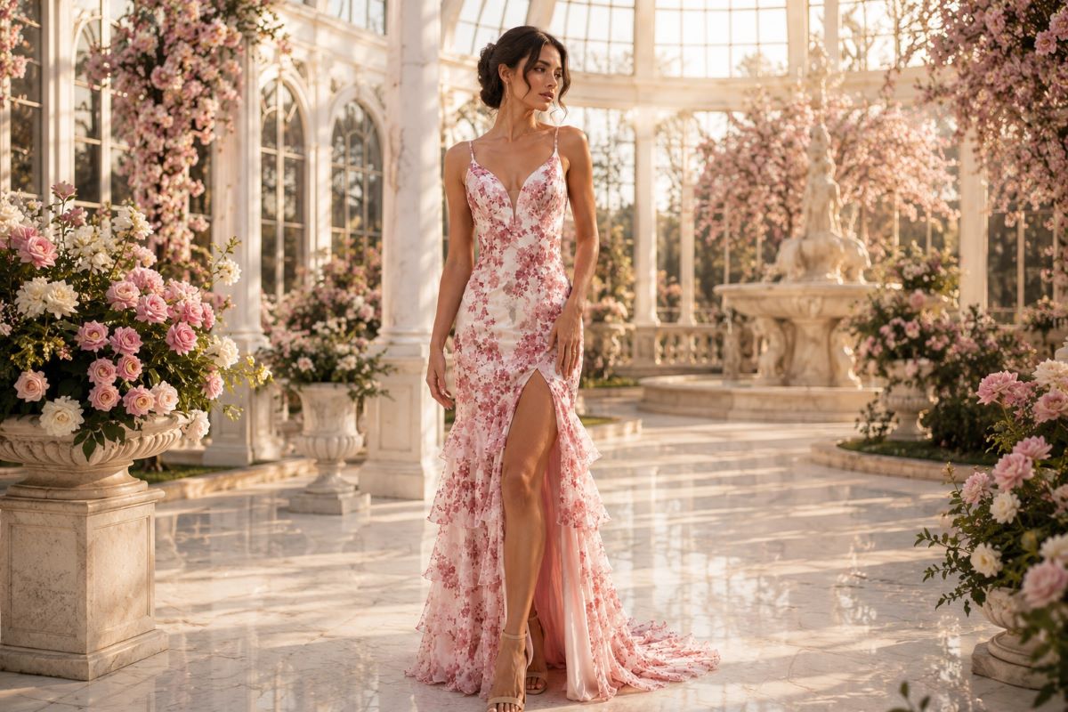 Pink floral gown with elegant ruffles