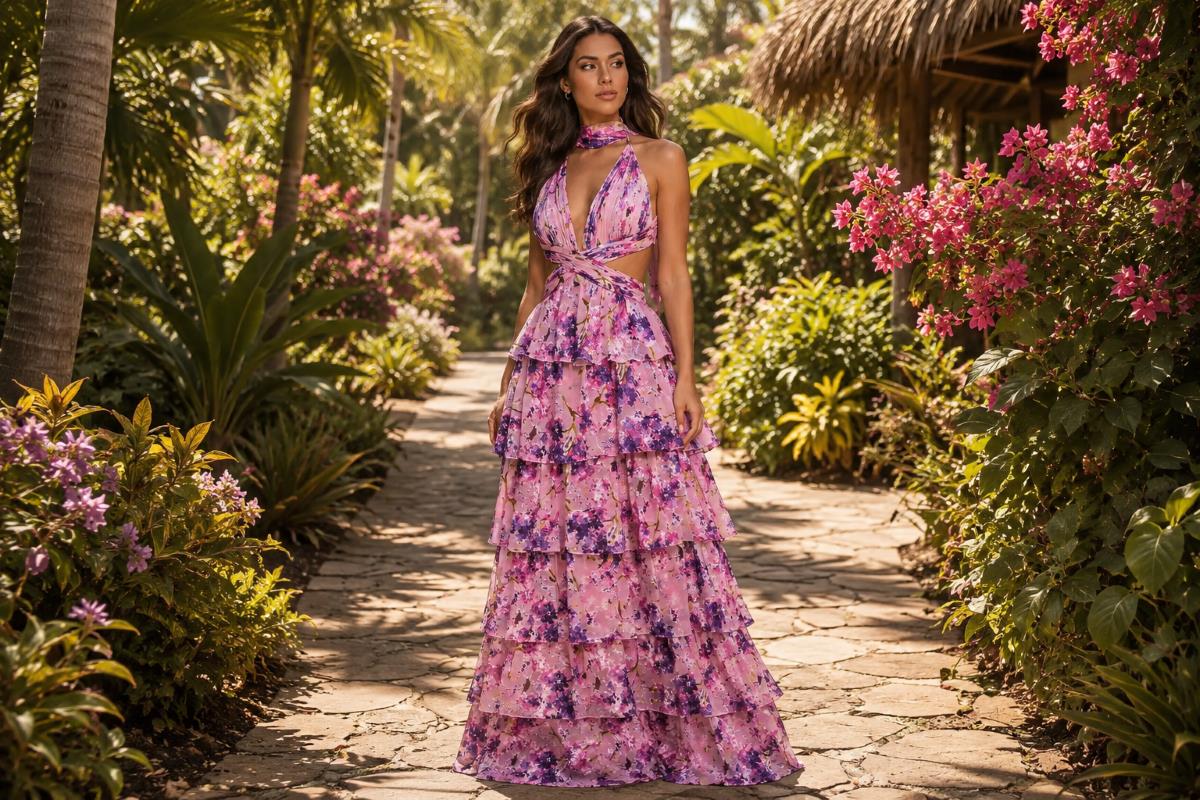Pink floral tiered gown in tropical garden