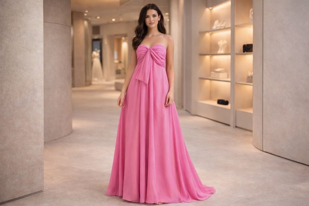 pink strapless flowing prom dress full length