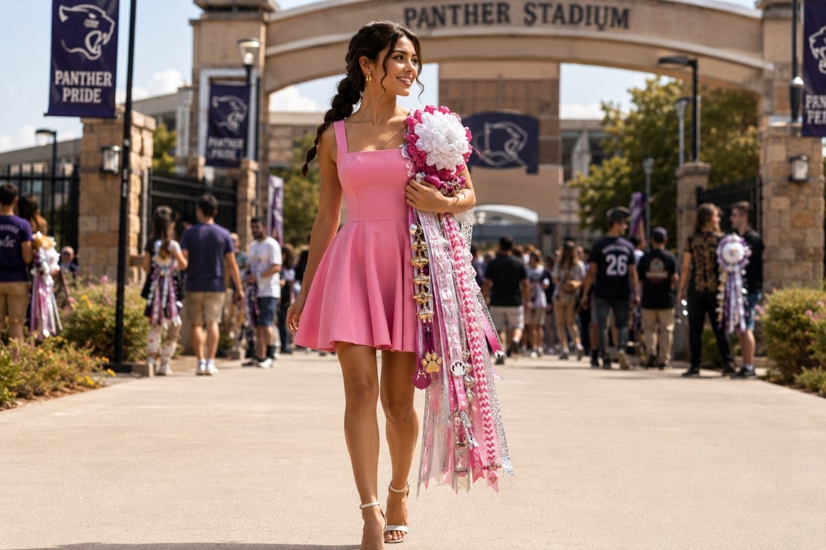 Pink homecoming dress with traditional Texas mum