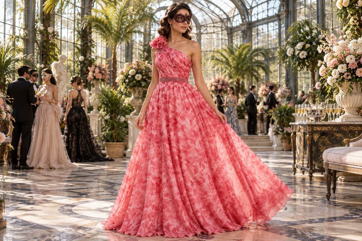 Pink masquerade gown in glass conservatory
