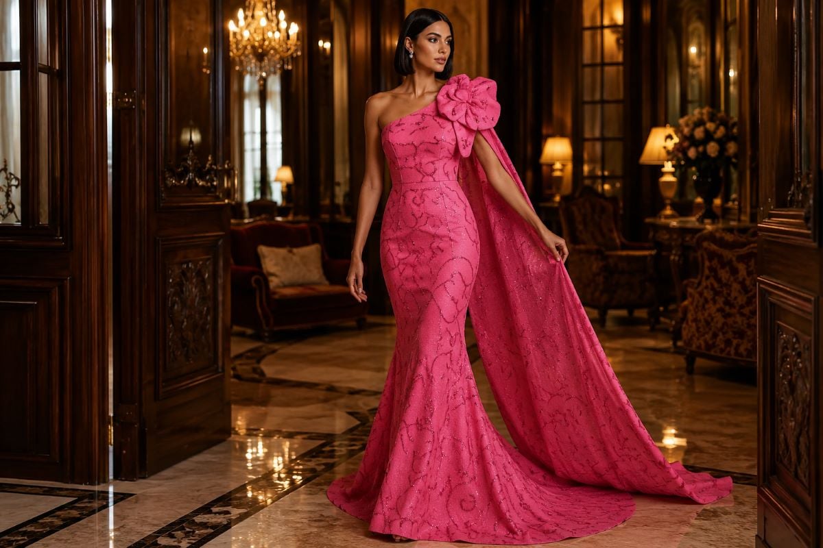 Woman wearing pink one shoulder couture mermaid gown