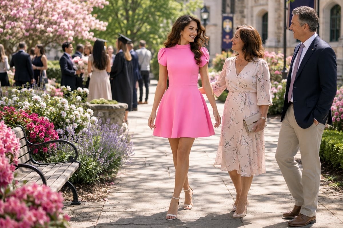 Pink pastel graduation dress in garden