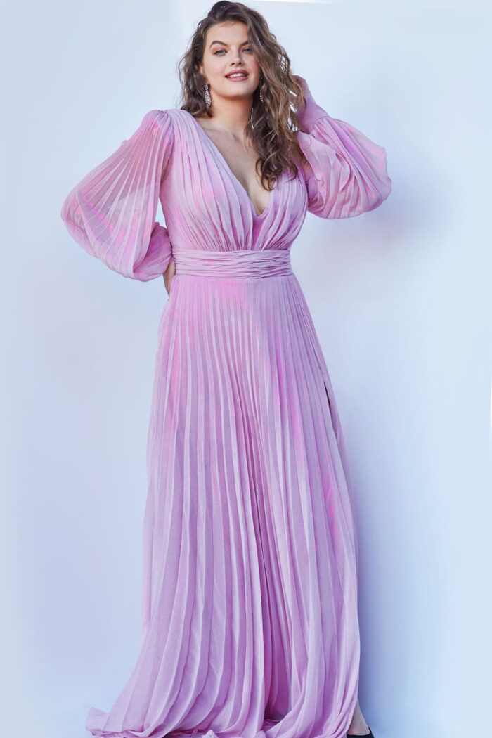 Model showcasing Jovani 06221 pink dress with V-neckline, front view.