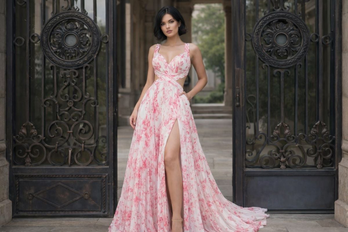 pink printed A-line prom dress with slit