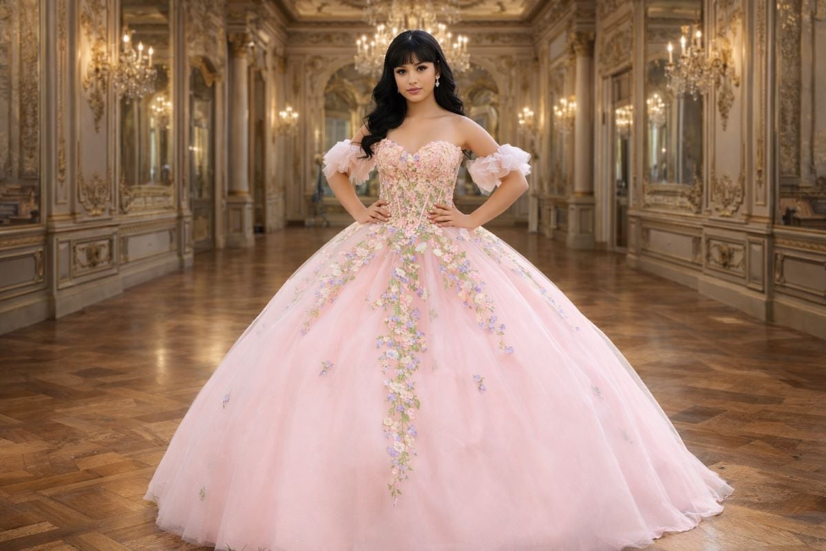pink quinceanera ball gown floral applique tulle skirt