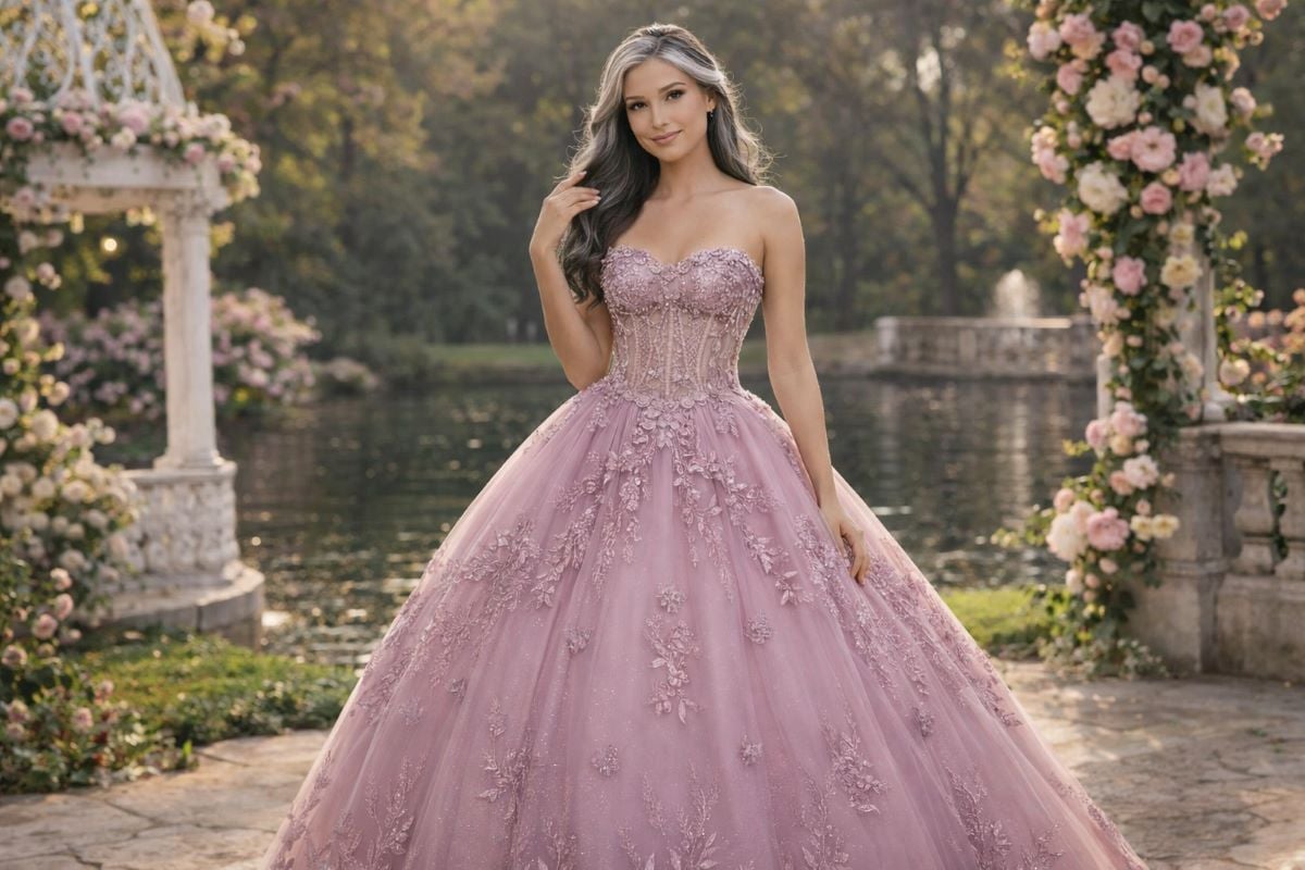 Pink quinceanera dress with floral appliqué