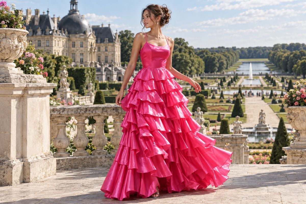 Pink ruffle prom dress flattering fit