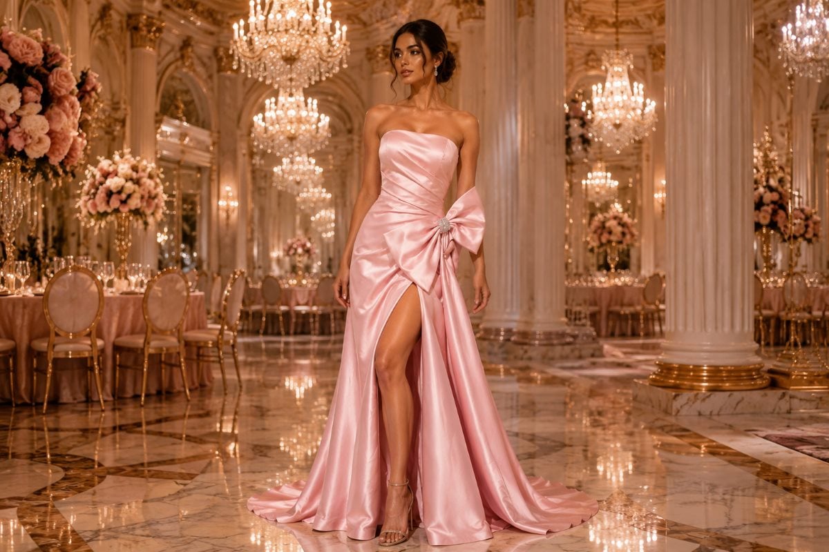 Pink satin black tie prom gown