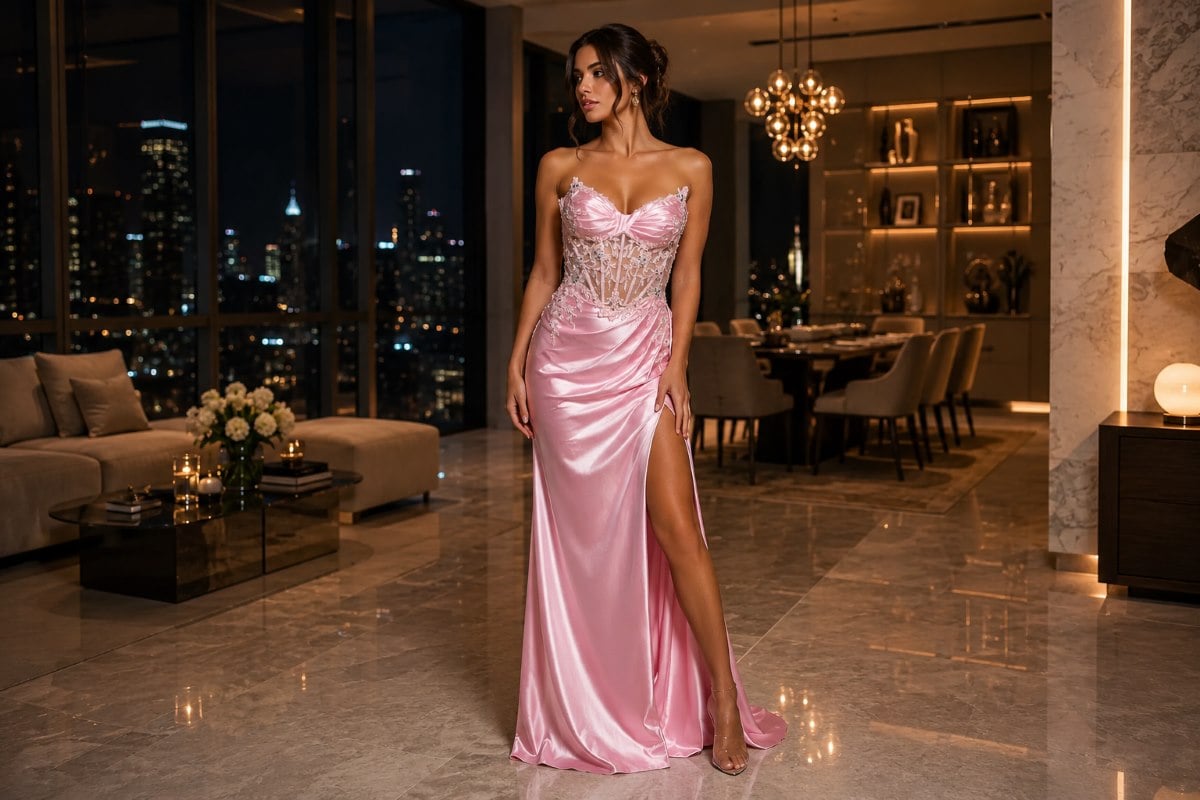 pink satin corset high slit prom dress