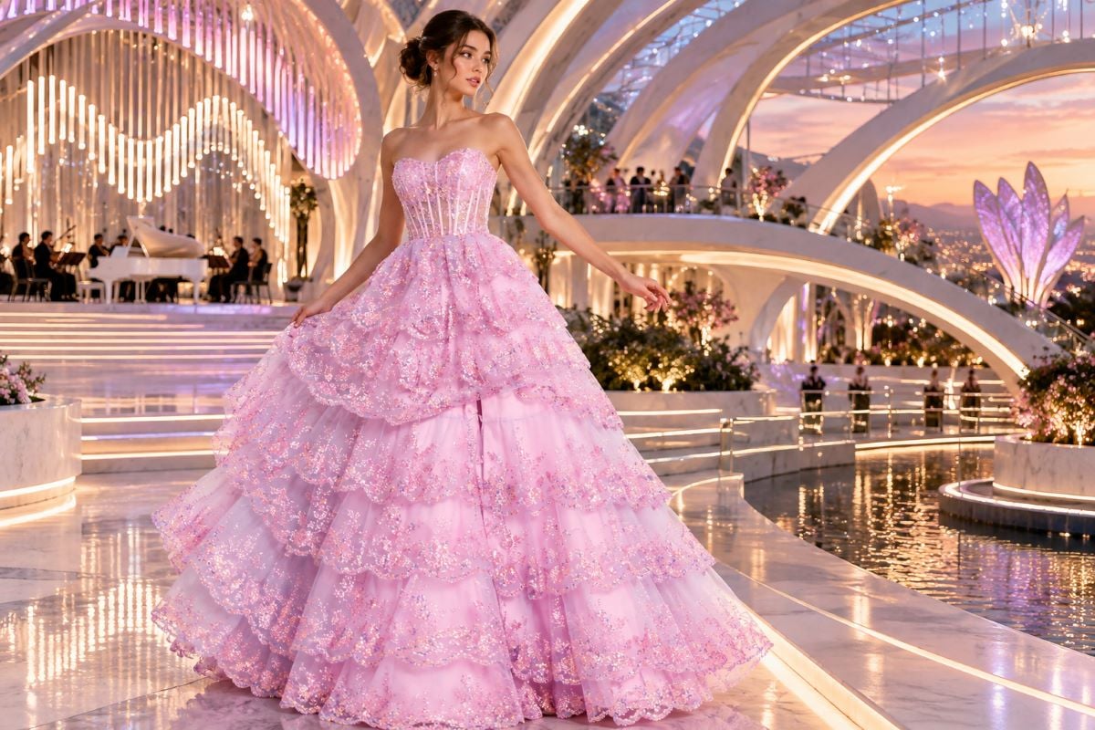 Pink sound reactive editorial prom gown