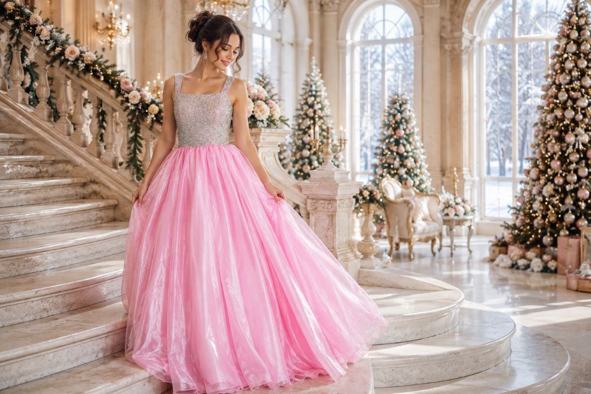 Pink sparkling girls Christmas ball gown