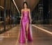 pink sparkly prom dress with high slit walking reveal shot