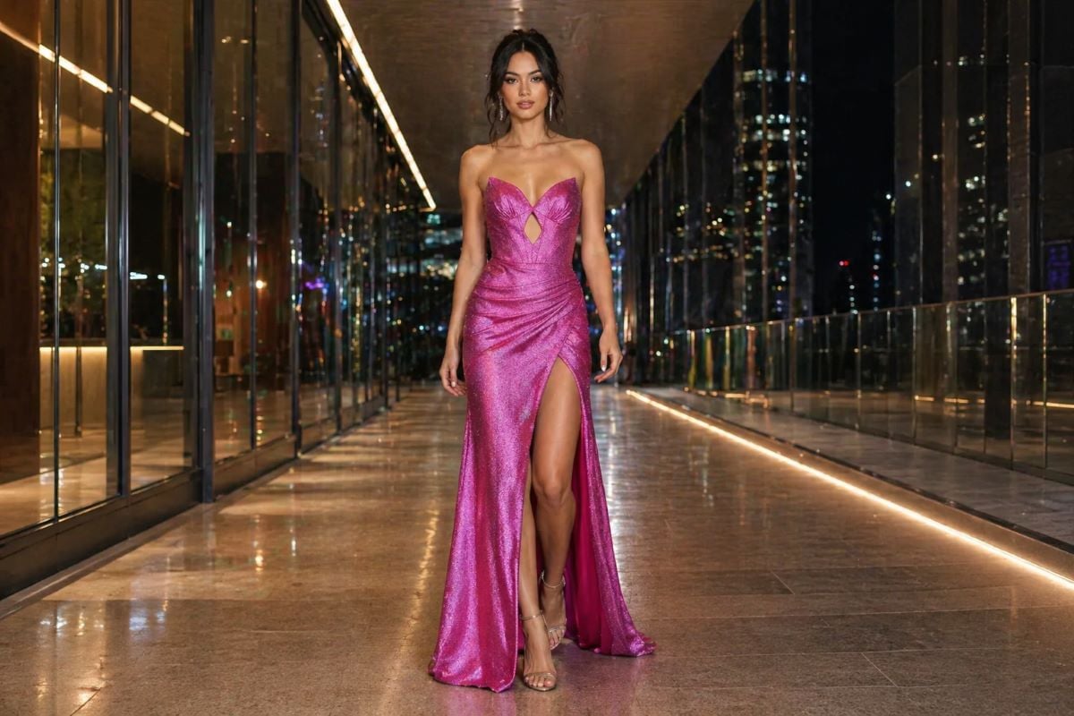 pink sparkly prom dress with high slit walking reveal shot