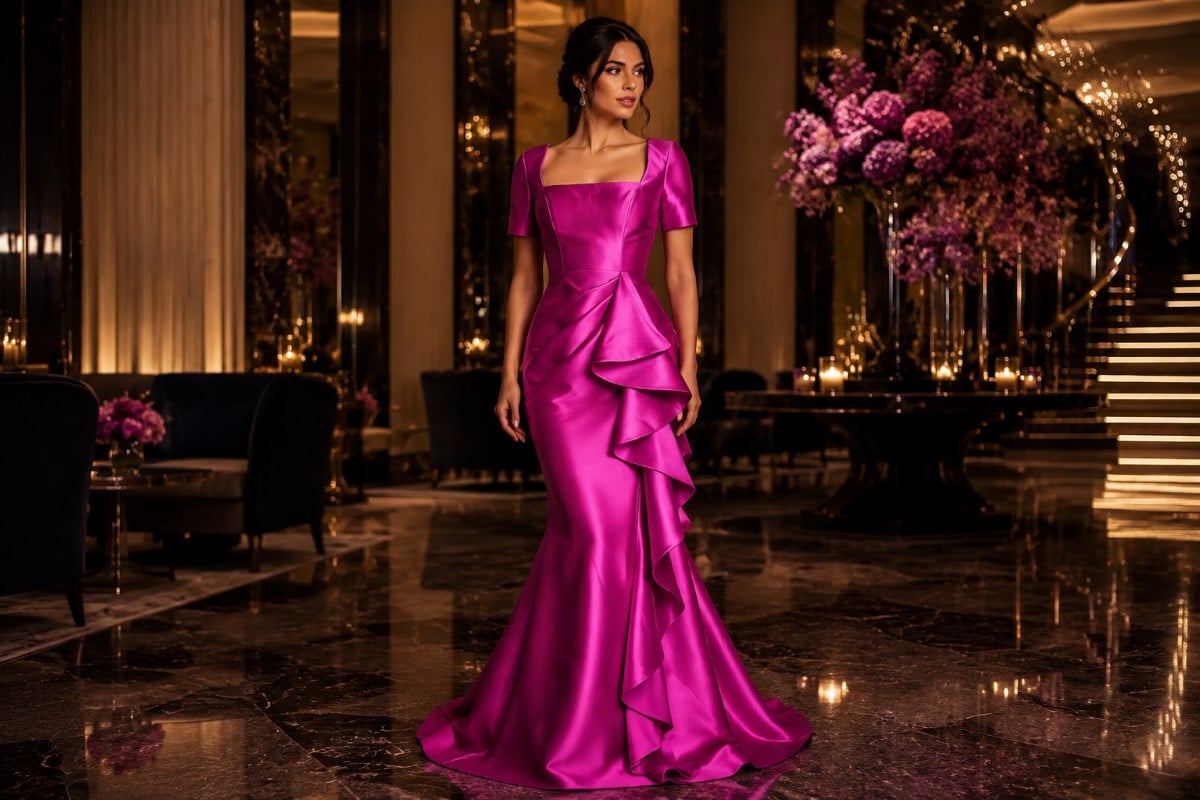 Pink square neckline satin gala gown