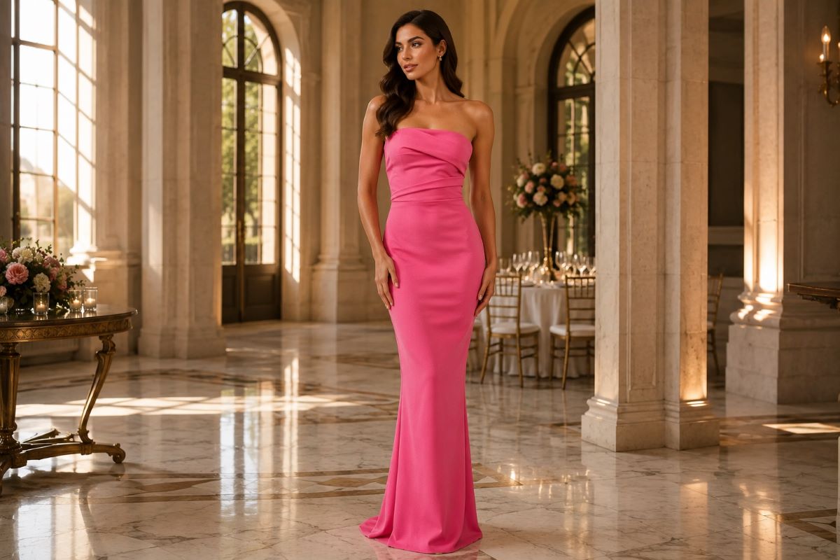 Bright pink strapless fitted graduation celebration gown