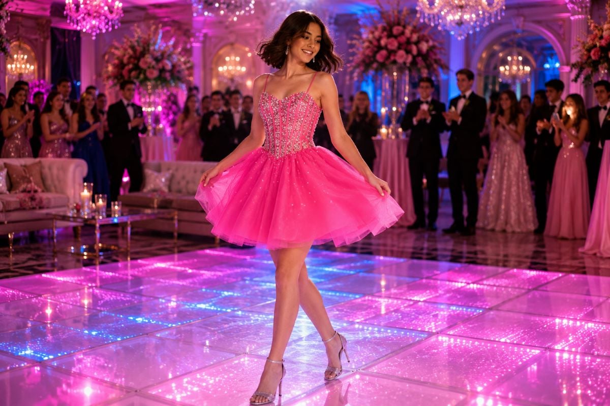 Pink Sweet 16 party dress dancing