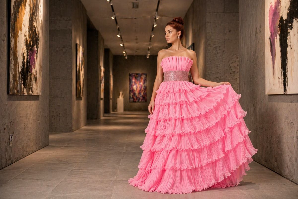pink layered ball gown with pleated ruffles