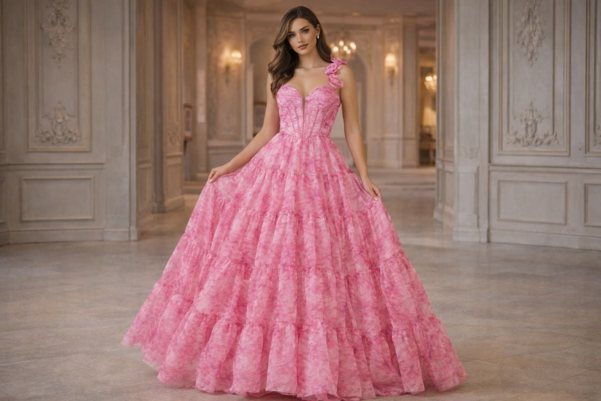 Pink tiered ballgown prom dress with one-shoulder floral strap