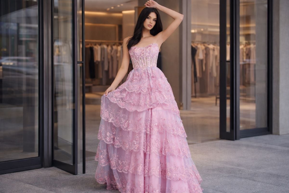 pink corset prom dress tiered glitter skirt