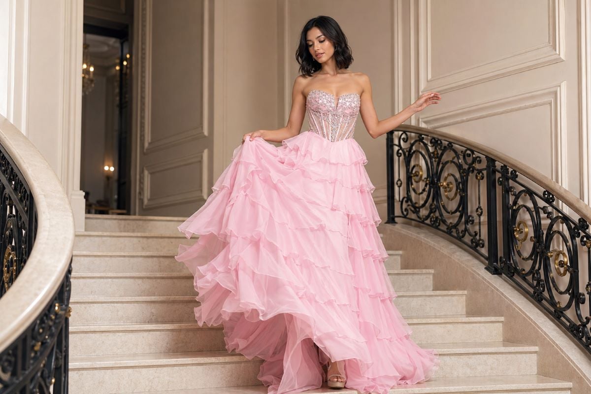 Light pink tiered ruffle prom dress with corset bodice