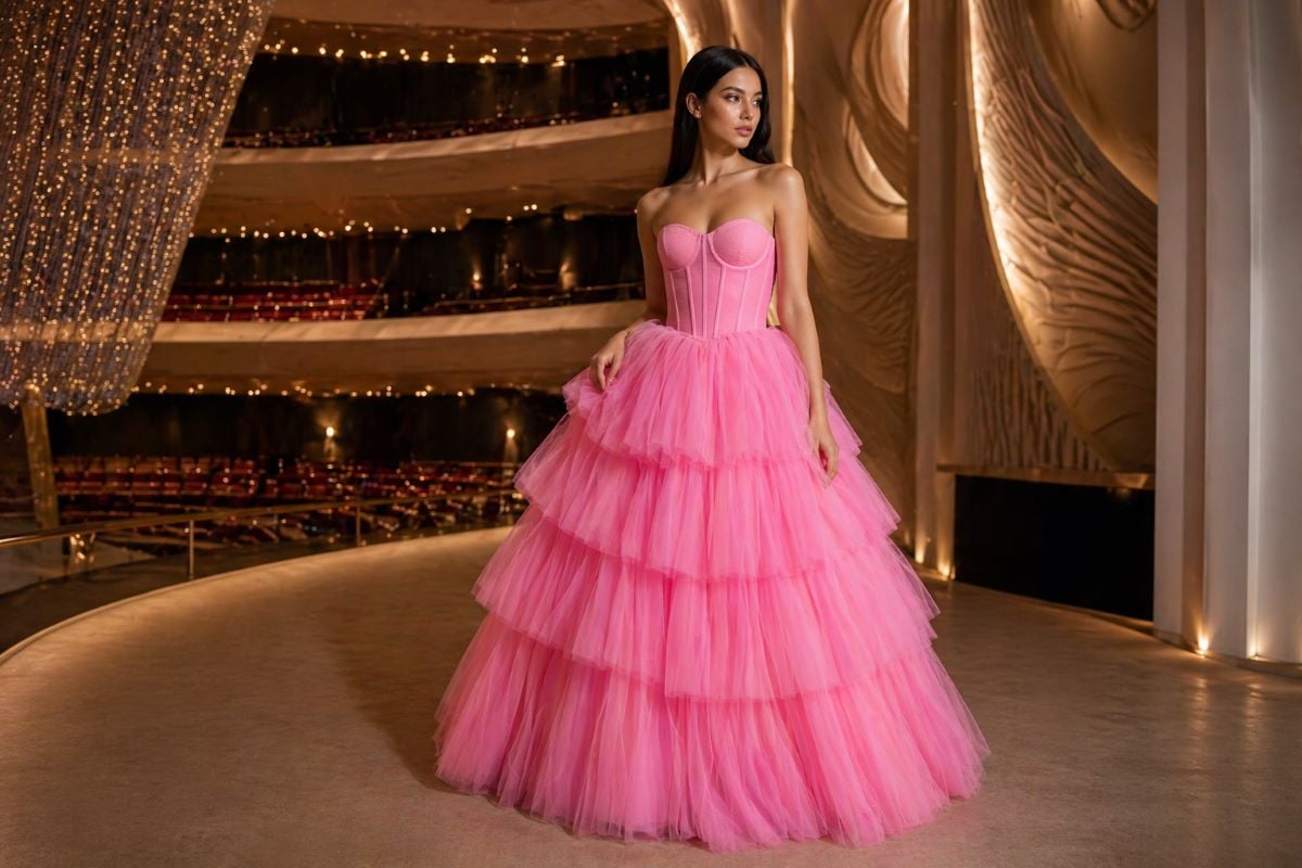 Pink layered tulle ball gown prom dress