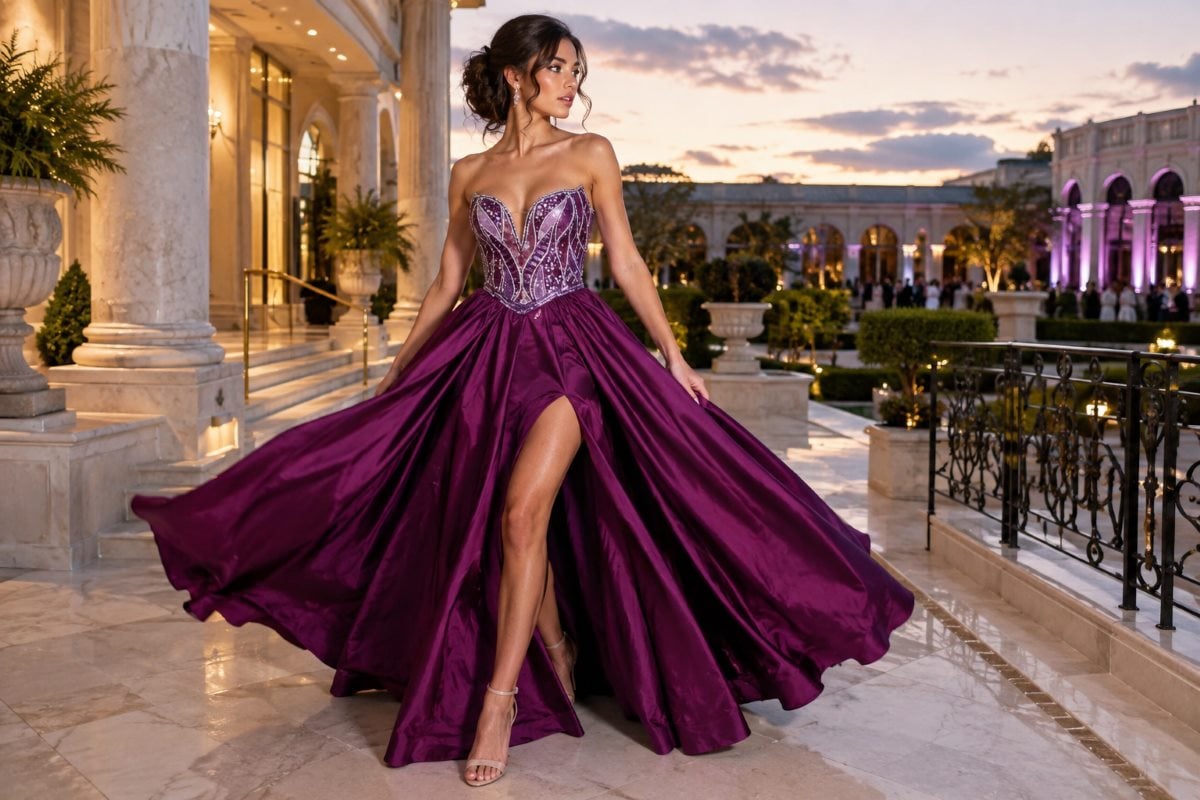 Plum ball gown formal prom editorial