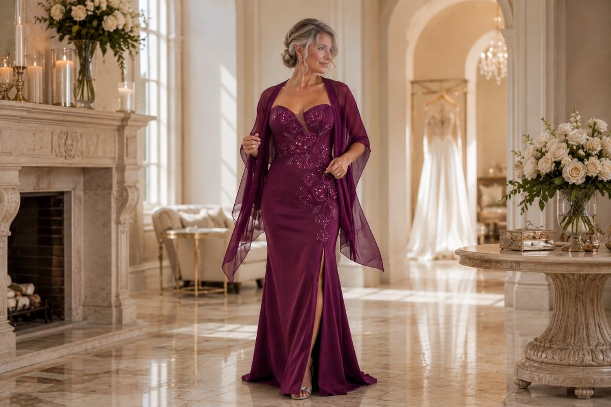 Plum beaded mother of bride gown