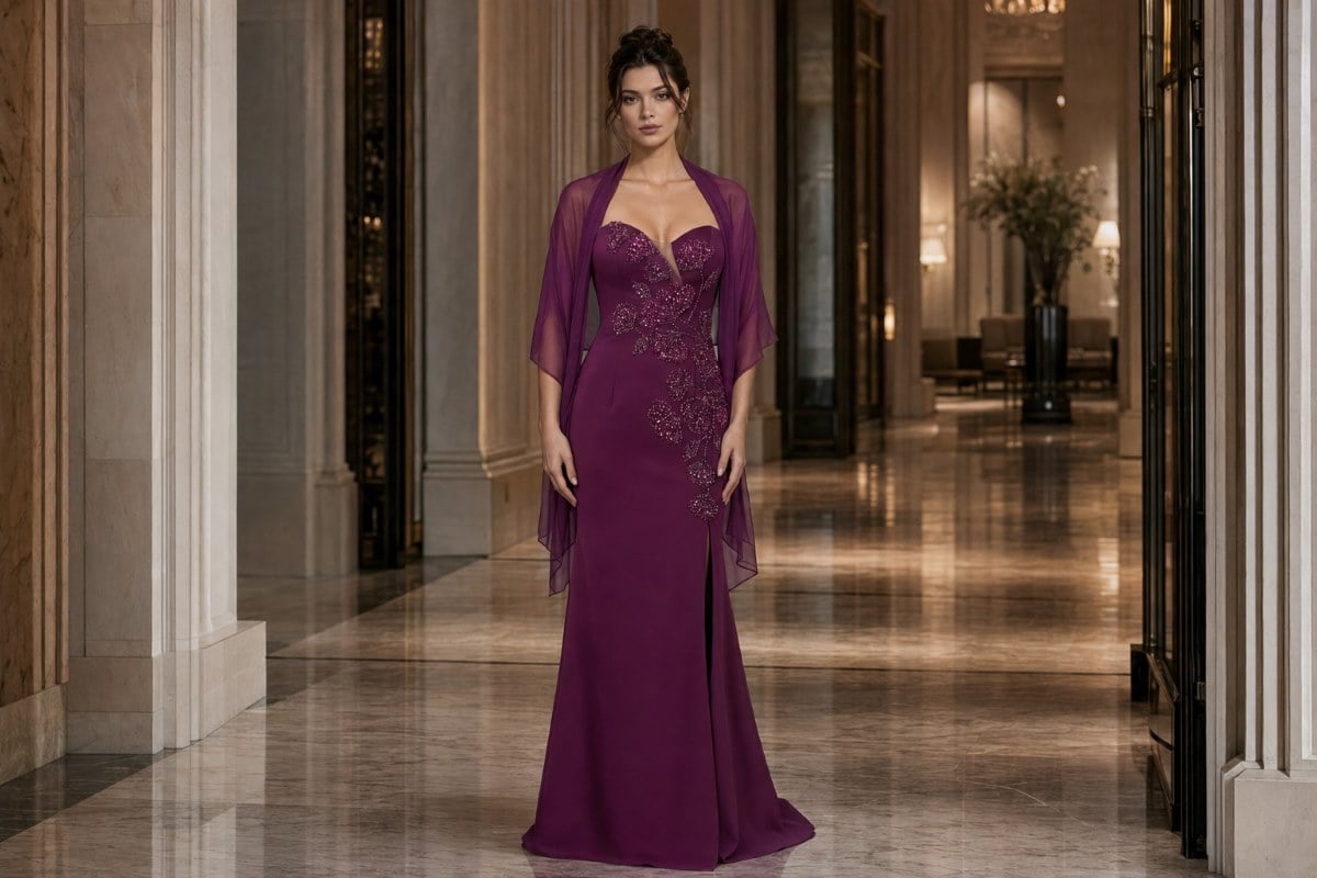 Plum beaded evening gown for a milestone birthday