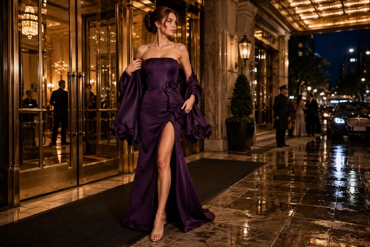 Woman in plum evening gown with matching stole arriving at luxury gala