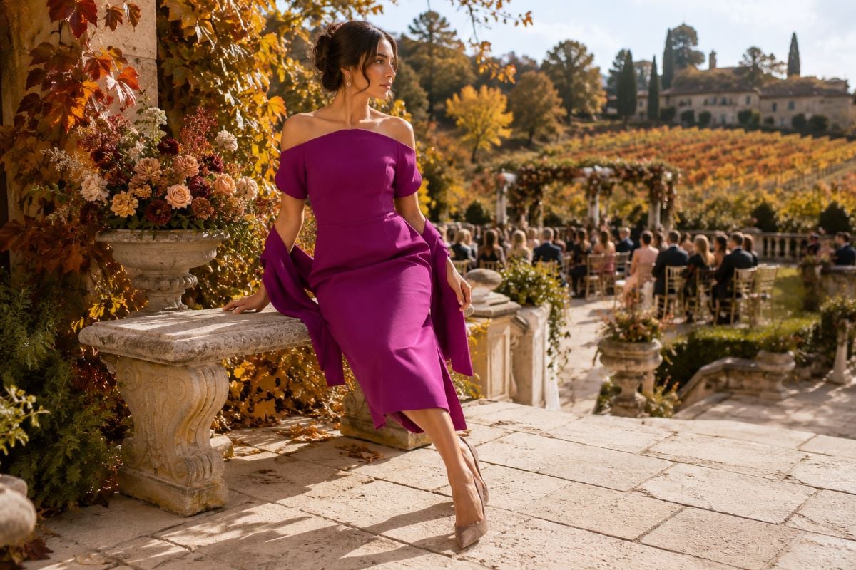 Plum fall wedding guest midi dress