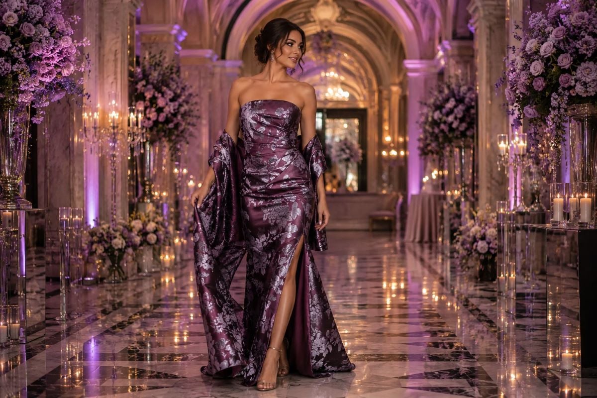 Metallic plum dama gown with floral jacquard