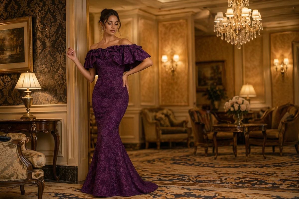 plum off shoulder mermaid gown