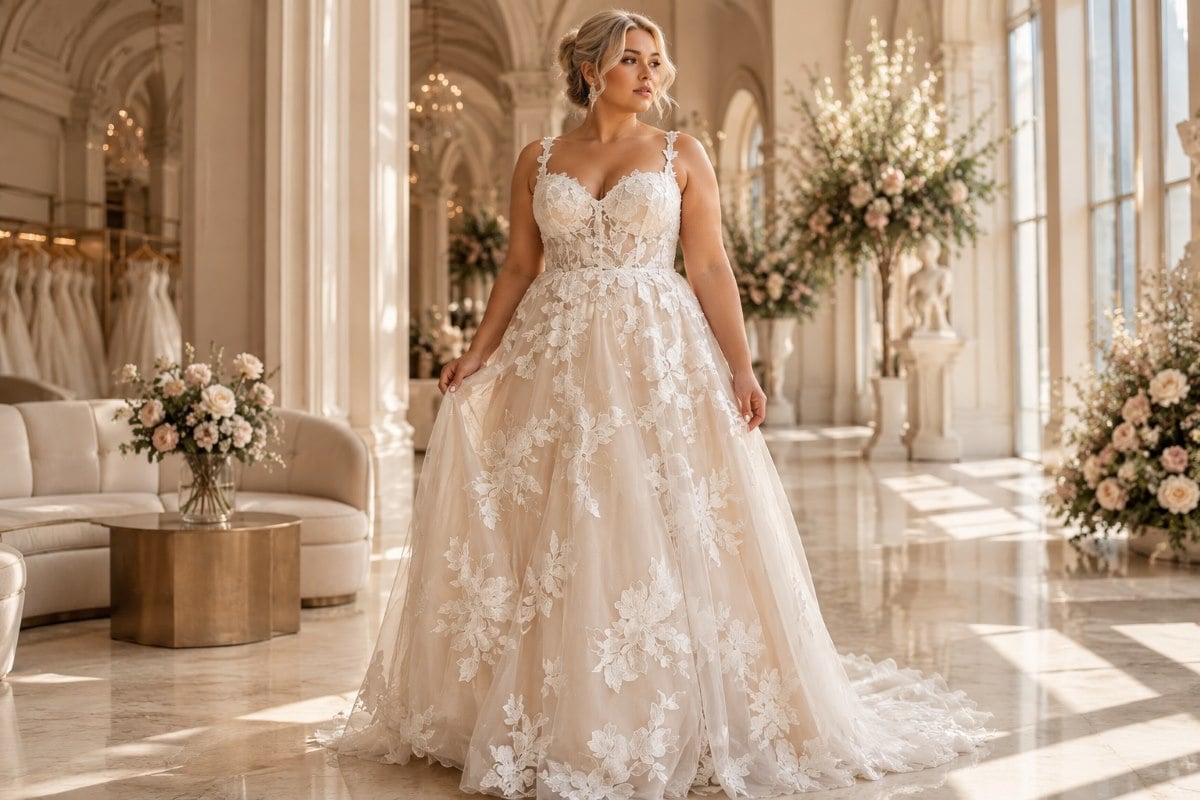 Plus size A-line floral lace wedding gown