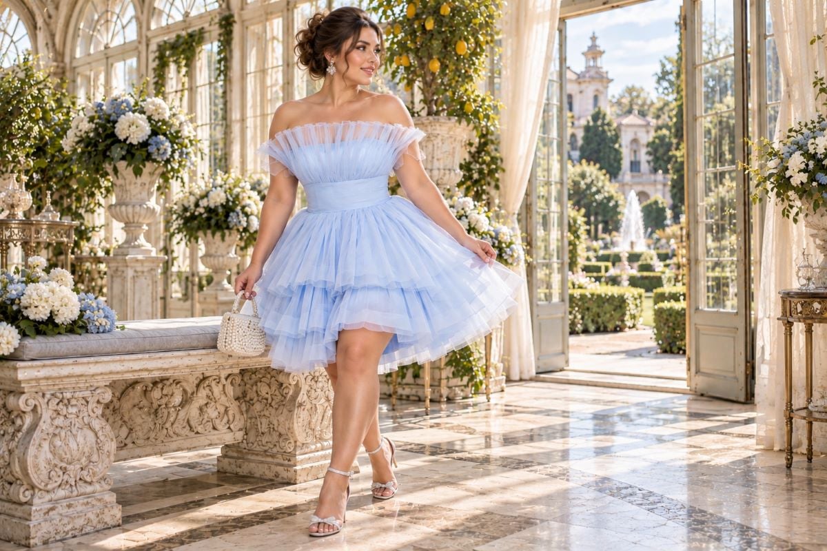 Plus size blue tulle cocktail dress