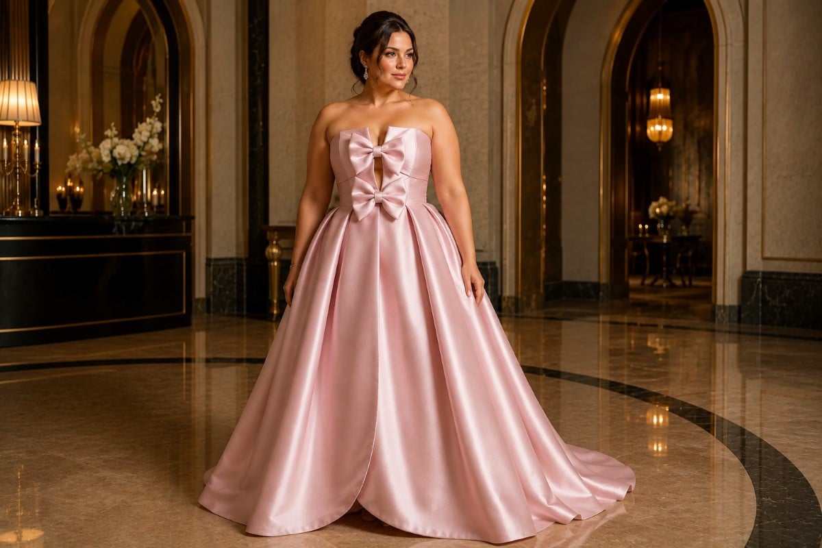 Plus size blush satin mother of bride gown