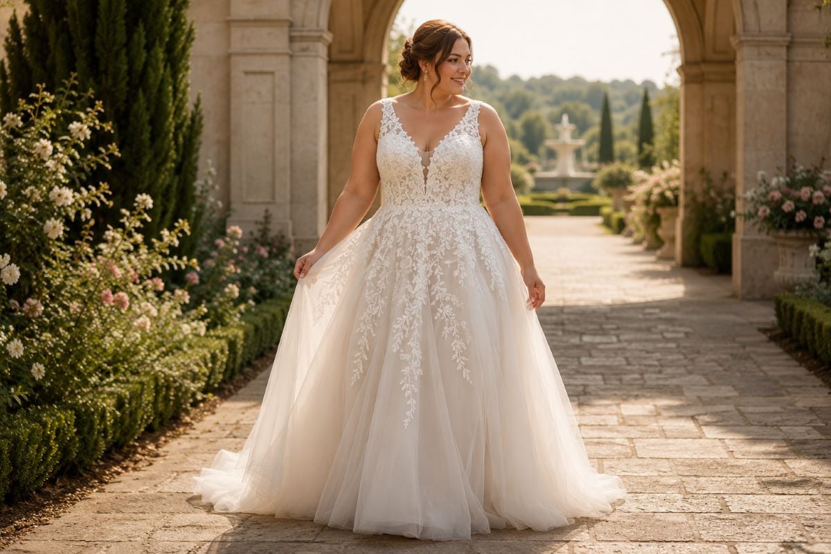Plus size floral lace A-line wedding dress